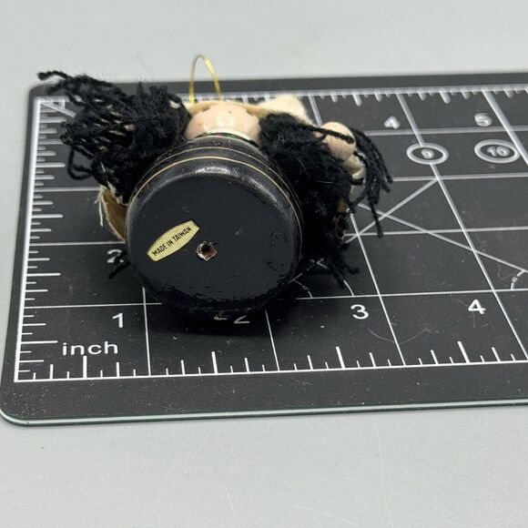 Vtg Wooden Girl Christmas Tree Ornament Handpainted Hat Yarn Hair Black 3" - Picture 2 of 9